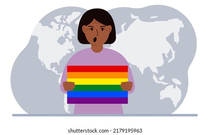 A woman holds an lgbt flag in his hands against the backdrop of a world map. Vector flat illustration.