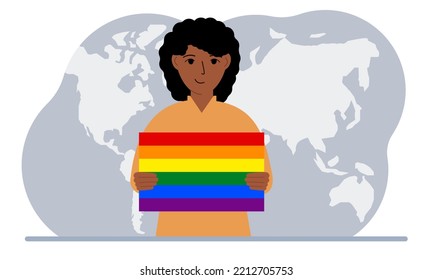 A woman holds an lgbt flag in his hands against the backdrop of a world map. Vector flat illustration.