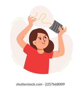 A woman holds a light bulb in her hands. The concept of a business idea, startup, organization, brainstorming. Vector illustration isolated on a white background