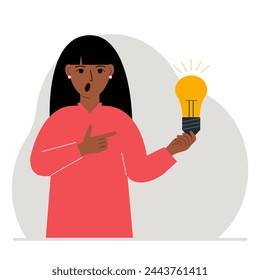 A woman holds a light bulb in his hand. Idea concept, brainstorming, business, thinking, solution, eureka, task, bingo or answer search. Vector flat illustration