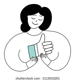 Woman holds a like sign near her chest and closed her eyes dreamily.  Thin line vector illustration on white. 