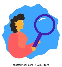 Woman holds a magnifier. information retrieval process. Researching. Flat vector illustration