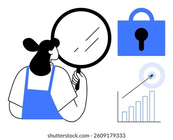 A woman holds a magnifying glass, accompanied by a blue lock icon and a bar chart with a bullseye target. Ideal for data analysis, security, focus, growth strategy, and business intelligence