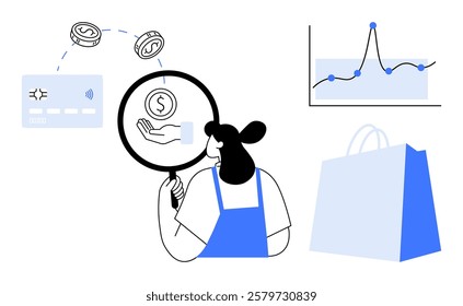 Woman holds magnifying glass examining financial symbols, credit card, and graphs. Ideal for finance, e-commerce, market analysis, data analytics, business strategies. Minimalist vector graphic in