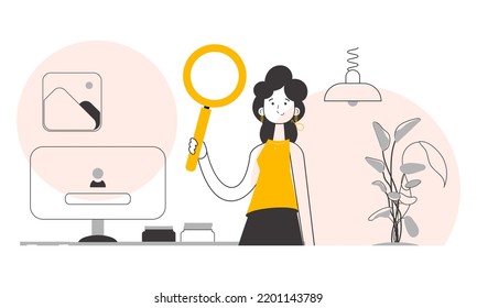 A woman holds a magnifying glass in her hands. Search concept. Line art style. Vector illustration.