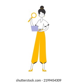 A woman holds a magnifying glass and a laptop in her hands. Job Search Theme. H.R. Linear modern style. Isolated. Vector.