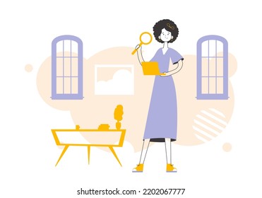 A woman holds a magnifying glass and a laptop in her hands. Job Search Theme. H.R. Linear style.