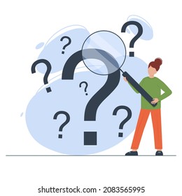 Woman holds magnifying glass and looks through it at interrogation points floating around. Business solution, problem solving and FAQ concept. Flat vector illustration. svg