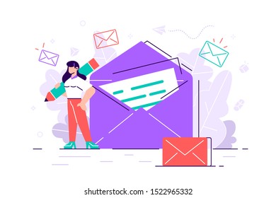 Woman holds mail. Chatting. Business woman vector illustration. Working process. New email message, mail notification. Social network chat. Girl reading or write letter. New incoming message. Sms, spam.