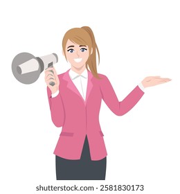 Woman holds  a megaphone, making an announcement or delivering a message with enthusiasm. Flat vector Character Illustration