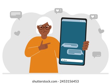 A woman holds a mobile phone with correspondence and SMS messages in his hand. Vector flat illustration.
