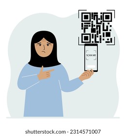 A woman holds a mobile phone in his hand with the text scan me and scans the qr code, which is located nearby. Vector flat illustration