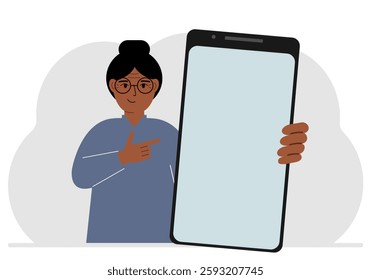 A woman holds a mock-up of a large smartphone with a blank screen and with his second hand points to the screen of the phone. Vector flat illustration