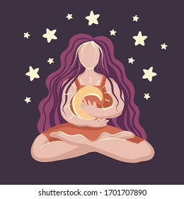 
Woman holds the moon in her hands. Meditation before going to bed. Vector illustration. Sun day. Character illustration. Yoga classes in the sun. Nature is our friend. We care about nature.