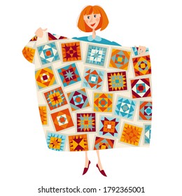 A woman holds a multi-colored quilt. Patchwork. Quilting. Vector illustration.   