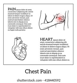 woman holds on to his breast, concept of a sick heart. Hands on the heart, health and disease, realistic sketch, illustration, vector