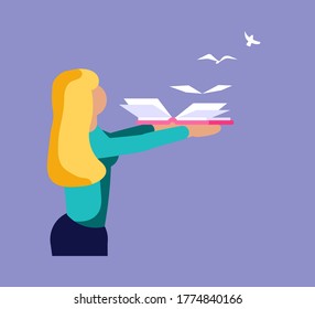The woman holds open book in his hand, paper pages became to the flock of birds and fly away. Education or reading metaphor. Isolated on purple. Flat Art Vector Illustration