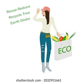 A woman holds a package of eco materials with a set of vegetables. Reusable shopping bag. Say no to plastic. Vector illustration.