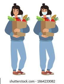 A woman holds a package of groceries in her hands. Masked girl and no mask. Character in flat style

