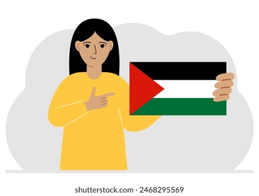 A woman holds a Palestinian flag in his hand. Vector flat illustration