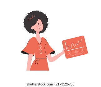 A woman holds a panel with analyzers and indicators in her hands. Internet of things concept. Isolated. Trendy flat style. Vector.