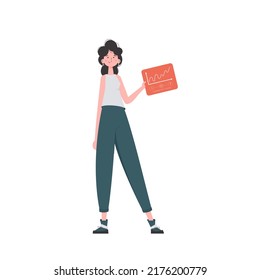 A woman holds a panel with analyzers and indicators in her hands. IOT and automation concept. Isolated. Vector illustration in flat style.