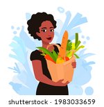 A woman holds a paper bag with groceries. A girl buying food, vegetables, bread. Grocery shopping. A vector cartoon illustration.