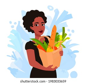 A Woman Holds A Paper Bag With Groceries. A Girl Buying Food, Vegetables, Bread. Grocery Shopping. A Vector Cartoon Illustration.