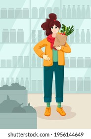 
A woman holds a paper bag with vegetables and fruits in a supermarket. Grocery store with shelves and boxes filled with food in the background. Vector illustration for banner decoration.