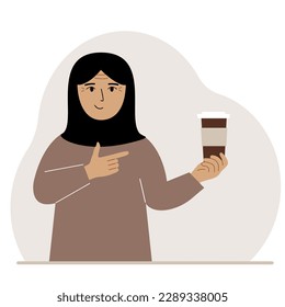 A woman holds a paper cup with coffee. Vector flat illustration