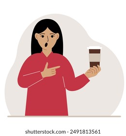 A woman holds a paper cup with coffee. Vector flat illustration