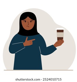 A woman holds a paper cup with coffee. Vector flat illustration