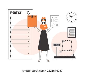 A woman holds a parcel and a check in her hands. The concept of the delivery of goods and parcels. Linear trendy style.