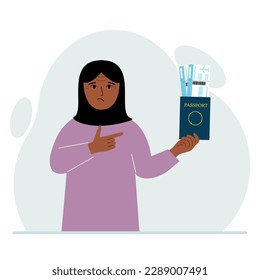 A woman holds a passport with air tickets. The woman shows the boarding pass. Travel concept. Vector flat illustration