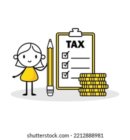 Woman Holds A Pencil And Check Step By Step Checklist To Progress And Finish Calculate Tax. Hand Drawn Doodle Girl. Professional Concept Vector Stock Illustration Isolated On White Background