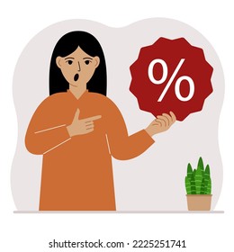 A woman holds a percent sign in his hand. The concept of percentage, discount, promotion, interest rate, percent discount in shopping. Vector flat illustration