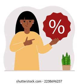 A woman holds a percent sign in his hand. The concept of percentage, discount, promotion, interest rate, percent discount in shopping. Vector flat illustration