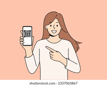 Woman holds phone demonstrating QR code for exchanging contacts or confirming online money transfer. Young long-haired girl with smartphone recommends using QR technology in mobile gadgets