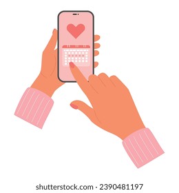 Woman holds phone in hands with a menstruation calendar app. Women's health care tracker. Period ovulation days control. 
