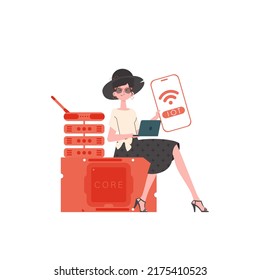 A woman holds a phone with the IoT logo in her hands. IoT concept. Vector.