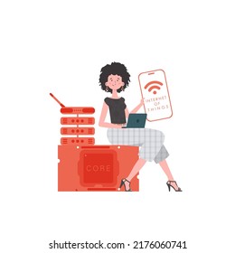 A woman holds a phone with the IoT logo in her hands. Internet of things concept. Trendy flat style. Vector illustration.