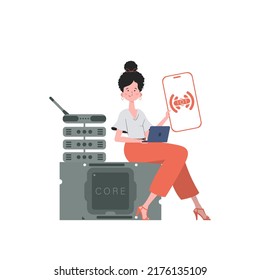 A woman holds a phone with the IoT logo in her hands. Internet of things concept. Vector illustration in trendy flat style.