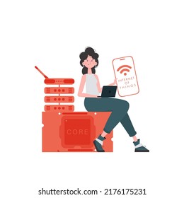 A woman holds a phone with the IoT logo in her hands. IoT concept. Vector illustration in trendy flat style.