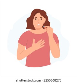 Woman holds a pill in her hand and intends to take it. Girl with chest attack.  Chest pain, heartache.Medication treatment, pharmacy and medicine, concept. Vector illustration