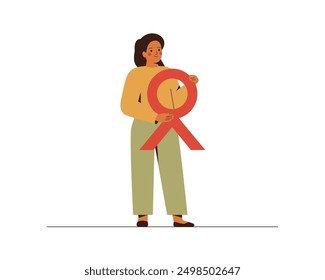 Woman holds pink or red Ribbon. Raising awareness about the prevention, treatment and medical exam of breast cancer or HIV AIDS. Symbol of hope and care. Vector illustration.