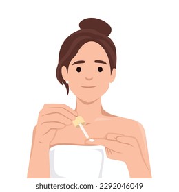 Woman holds pipette with cosmetic product to treat face with regenerating hyaluronic acid for rejuvenation. Girl recommends applying cosmetic drug to get rid of acne on skin for concept of skin care. 