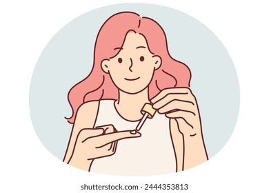 Woman holds pipette with cosmetic product to treat face with regenerating hyaluronic acid for rejuvenation. Girl recommends applying cosmetic drug to get rid of acne on skin for concept of skin care