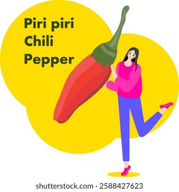 A woman holds Piri Piri pepper.  Birds eye pepper. Chili peppers. Isolated vector illustration.