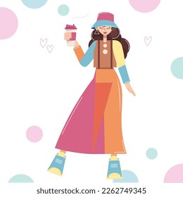 A woman holds a plastic cup of coffee or tea in her hand. Vector flat illustration of a girl with a hot drink in her hand. A woman drinks, enjoying the aroma of the drink. Isolated on white background