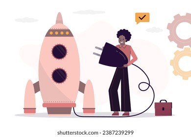 Woman holds plug connected to spaceship or space rocket. Preparing to launch new project. Concept of boosting potential, personal development and growth, startup launch. flat vector illustration